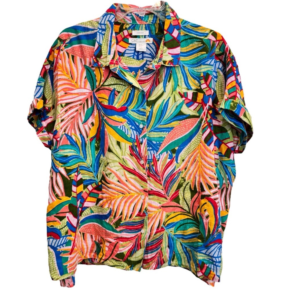 C & C California Size XL Front Button  
Bright Tropical 100% Linen Top
